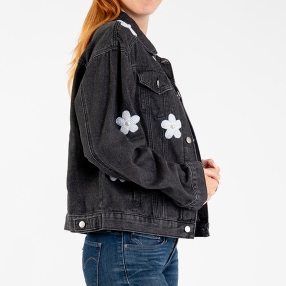 Bluevelvet Black Floral Patch Button Down Denim Jean Jacket - Picture 5 of 6